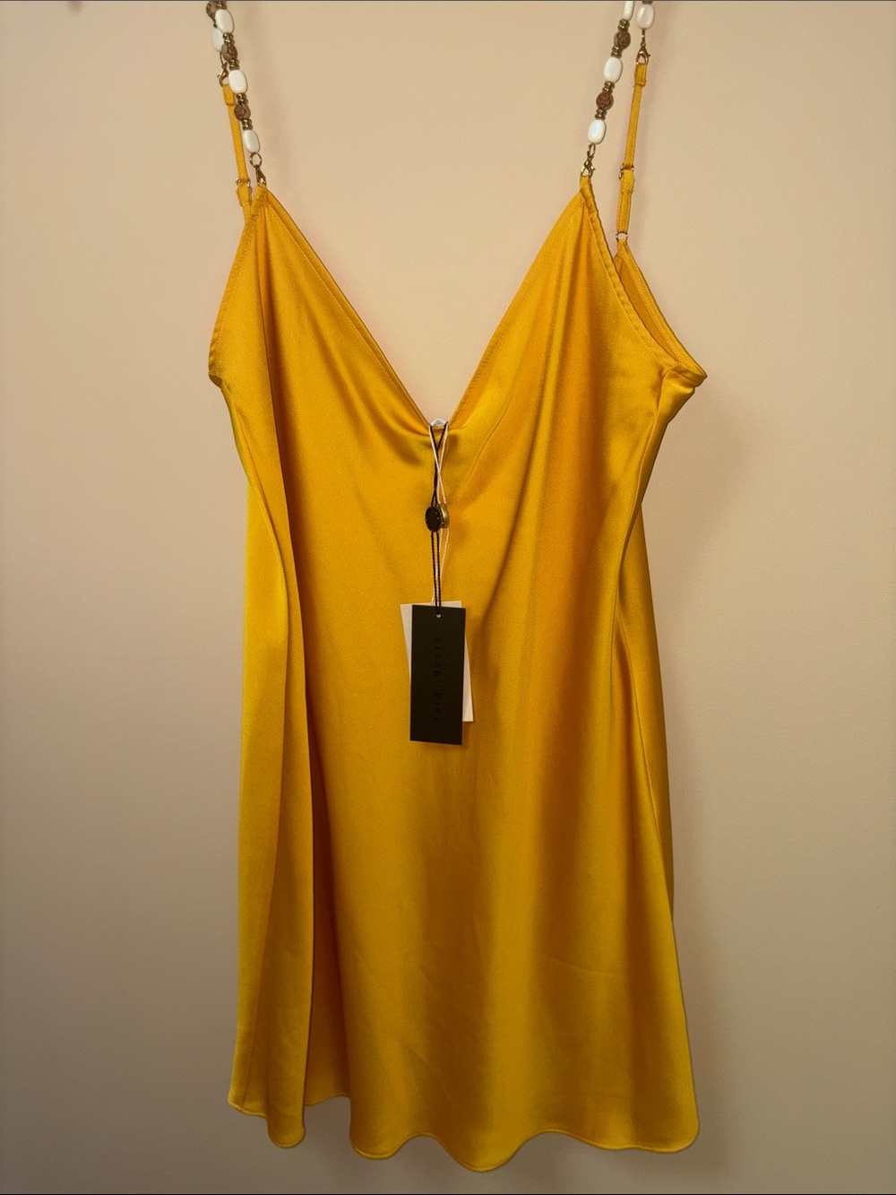 Gianni Bini Yellow Satin Slip Dress with Beaded Straps